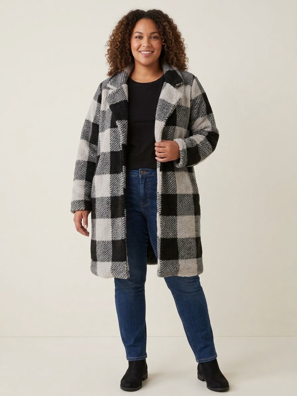 Black & Gray Buffalo Check Teddy Coat -Size XL